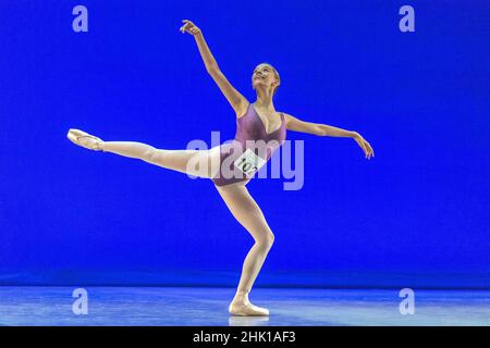 Montreux, Switzerland, Switzerland. 31st Jan, 2022. Montreux Switzerland, 31/01/2022: Ava Marenjak of Australia of Classical Coaching Australia (102) during the first day of the Prix de Lausanne 2022 competition (Credit Image: © Eric Dubost/Pacific Press via ZUMA Press Wire) Stock Photo