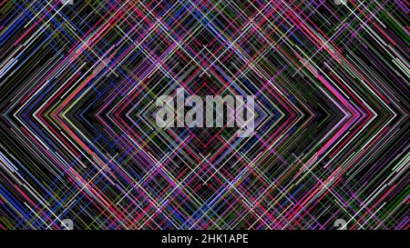 Triangular pattern of lines with interference. Animation. Hypnotic mirror pattern of intersecting color lines with interference on black background. Stock Photo
