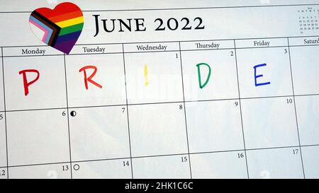 LGBTQIA+ Pride Month marked on a calendar in June Stock Photo