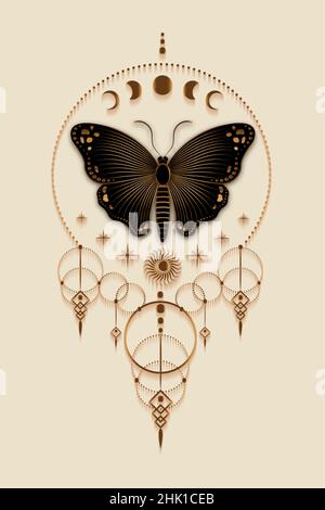 Moon Phases and black butterfly logo template, Sacred Geometry, boho style, Gold magic icon, dream catcher symbol, golden hipster talisman, Mystic Stock Vector