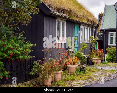 Thorshavn, Faroe Islands - October 2020: Small garden next to a typical turf house in Torshavn on Streymoy Island. Old Town of Torshavn, Faroe Islands Stock Photo