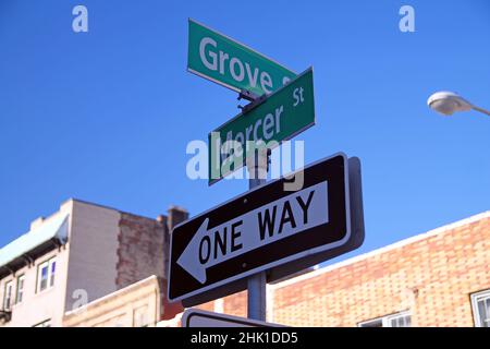 Green Grove Street and Mercer Street historic sign in downtown Jersey City Stock Photo