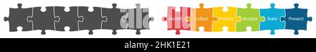 Simple six connected jigsaw puzzle pieces illustration, gray and colour version Stock Vector