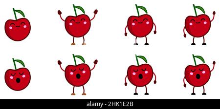 Cute kawaii style cherry fruit icon, eyes closed, mouth open. Version with hands raised, down and waving Stock Vector