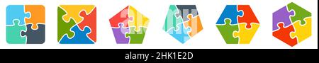 Polygons, square to six sides, divided into four jigsaw puzzle pieces - simple infographics element Stock Vector