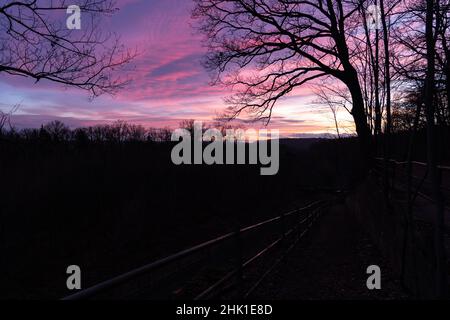 Pastel-colored sunset sky with some pink clouds and silhouette of trees in front. A handrail of a trail is leading diagonally into the picture. Stuttg Stock Photo