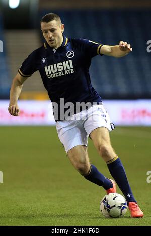 London, UK. 01st Feb, 2022. Murray Wallace of Millwall in action during the game. EFL Skybet Championship match, Millwall v Preston North End at the Den in London on Tuesday 1st February 2022. this image may only be used for Editorial purposes. Editorial use only, license required for commercial use. No use in betting, games or a single club/league/player publications. pic by Steffan Bowen/Andrew Orchard sports photography/Alamy Live news Credit: Andrew Orchard sports photography/Alamy Live News Stock Photo