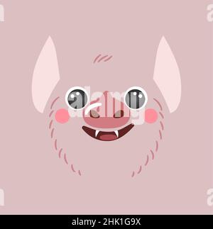 Cute bat portrait square smile head cartoon round shape animal face, isolated vampire avatar vector icon illustration. Flat simple hand drawn for kids poster, UI app mascot, t-shirts, baby clothes Stock Vector