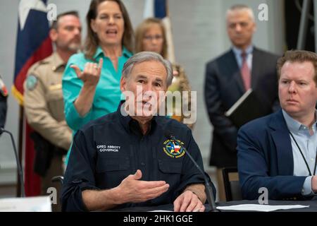 Austin, United States. 01st Feb, 2022. Texas Governor GREG ABBOTT briefs the press as Texas officials gather two days in advance of a severe winter storm expected to hit the Lone Star State Thursday and through the weekend. The storm comes one year after a massive snow and ice storm knocked out Texas' power grid in February, 2021. Credit: Bob Daemmrich/Alamy Live News Stock Photo