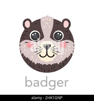 Badger Cute portrait with name text smile head cartoon round shape animal face, isolated avatar vector icon illustrations on white background. Flat mascot simple for kids poster, t-shirts, baby Stock Vector