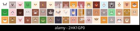 Set Animals Square avatar Cute portraits cartoon illustration flat vector raccoon, bear, sloth, panda, giraffe, fox, bunny, tiger, bear, tiger, dog, cat, frog, cow isolated for UI, app, mobile, kids Stock Vector