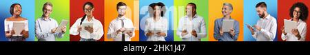 Portraits of different multiethnic people with digital tablets posing on multicolored background Stock Photo