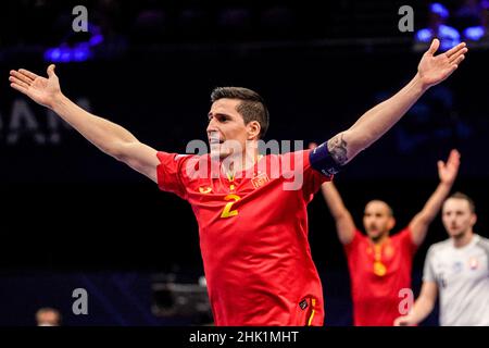 AMSTERDAM, NETHERLANDS - FEBRUARY 1: Ortiz of Spain celebrating a goal during the Men's Futsal Euro 2022 Quarterfinals match between Spain and the Slovakia at the Ziggo Dome on February 1, 2022 in Amsterdam, Netherlands (Photo by Jeroen Meuwsen/Orange Pictures) Stock Photo