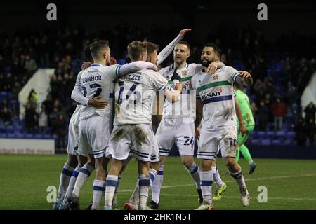 Tranmere players celebrate Kieron Morris goal making the score 1-0 during the Sky Bet League Two match between Tranmere Rovers and Stevenage at Prenton Park on February 1st 2022 in Birkenhead, England. (Photo by Richard Ault/phcimages.com) Stock Photo