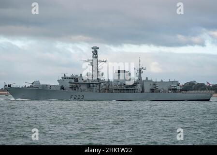 The Royal Navy warship HMS Lancaster (F229) sailed from Portsmouth, UK on 1/2/2022 following a maintenance period in Portsmouth Naval Base. Stock Photo
