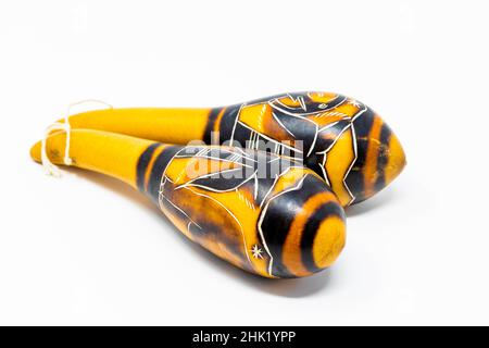 Pair of traditional crafted Peruvian Carved Gourd Rattle Maracas Stock Photo