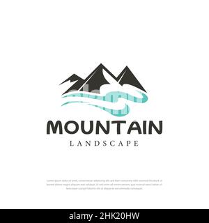 River Creek Mountain Peak. Mountain Hills Landscape Logo Design. Stock Vector