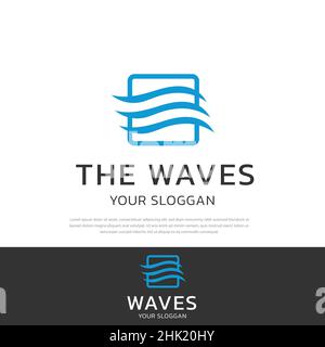 Abstract line logo wave flow symbol inside line box.moving water vector icon Stock Vector