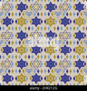 Hanukah seamlessly repeating pattern with star of David and Chanukiah candelabra. Stock Vector