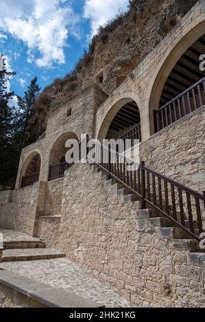 View on walls and buildings of Agios Neophytos mountain Monastery on Cyprus Stock Photo