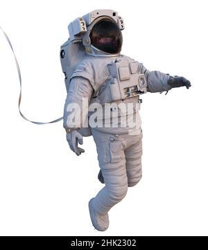 astronaut with safety tether in outer space, isolated on white background Stock Photo