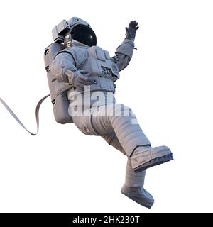 astronaut with safety tether flying in outer space, isolated on white background Stock Photo