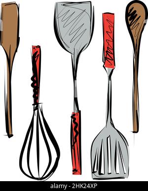 Sketch of Kitchen tools and Cooking utensils icon. Spatula, Whisk and Skimmer. Vector illustration. Stock Vector