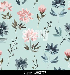 Seamless pattern with cute delicate pastel flowers in watercolor style isolated on white background. Stock Vector