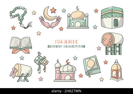 Ramadan Mubarak Elements Collections with colored hand drawn style Stock Vector