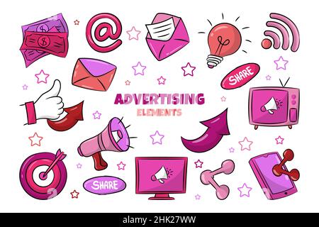 Media Advertising elements collection with colorful hand drawn style Stock Vector