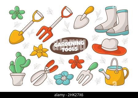 Gardening tools Elements Collections with colored hand drawn style Stock Vector