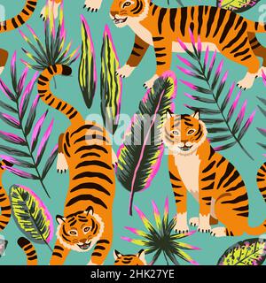 Seamless pattern with cute cartoon tigers and doodle tropical leaves.  Stock Vector