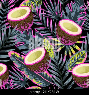 Seamless pattern with modern neon tropical leaves and coconuts for design and textile. Stock Vector