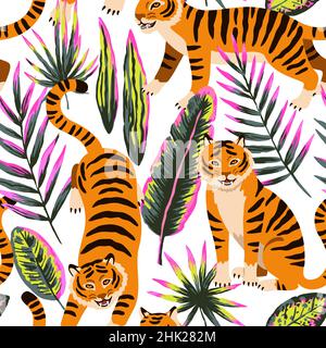 Seamless pattern with cute cartoon tigers and doodle tropical leaves.  Stock Vector