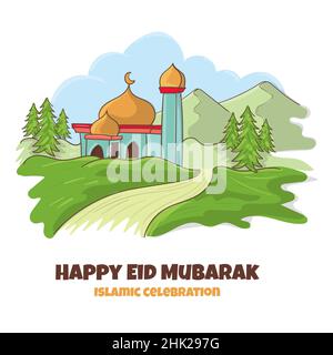 Eid Mubarak doodle cartoon with Hand drawn style Stock Vector