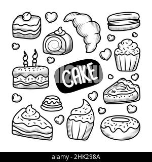 Hand drawn doodle cake with Hand drawn lineal style Stock Vector