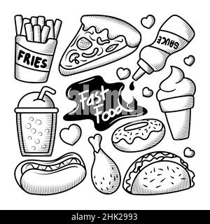 Fast food doodle Hand drawn elements collections Stock Vector