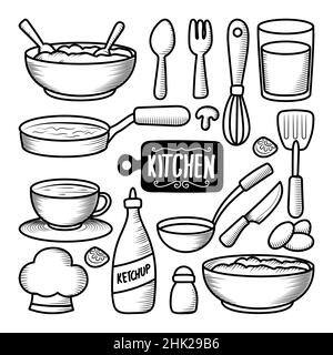 Kitchen tools. Kitchenware, cooking baking utensils. Doodle ceramic ke By  Microvector