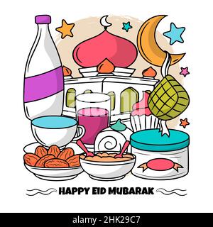 Ramadan Iftar party food with Hand drawn lineal doodle style Stock Vector