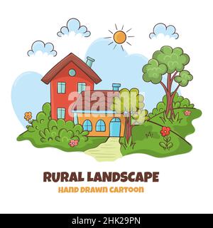 Rural house landscape with Hand drawn cartoon style Stock Vector