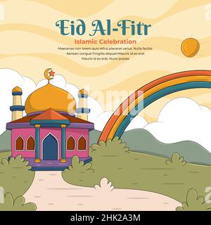 Hand drawn Ramadan kareem greeting card with Retro 70s cartoon style Stock Vector