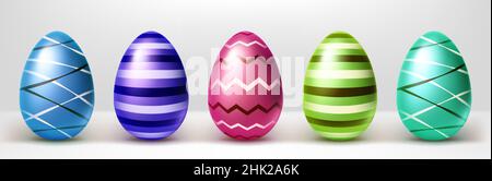 Colorful Easter eggs row, isolated 3d vector objects decorated with stripes and zig-zag pattern on white background. Blue, purple, green and pink holiday design elements, Realistic illustration, set Stock Vector