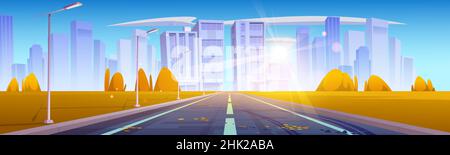 Car road to city with houses and skyscrapers on skyline. Vector cartoon illustration of autumn landscape with empty highway, street lights, orange grass, trees and modern town on horizon Stock Vector