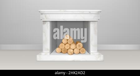 White marble fireplace with pile of logs in empty living room interior. Vector realistic illustration of hearth in stone frame with pilasters, mantelpiece and firewood pile inside Stock Vector