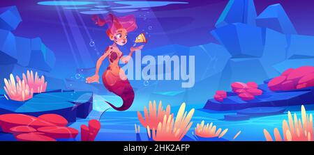 Girl mermaid with little fish underwater in ocean. Vector cartoon illustration of sea bottom with marine plants, animals and beautiful woman fish with red hair and tail Stock Vector