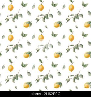 Lemon seamless pattern. Leaves, branches and fruits of lemon. The seamless pattern is suitable for print, fabric, wrapping paper, bar and menu Stock Photo