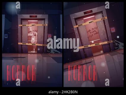 Haunted house with ghost stand in darkness behind of door window. Scary  abandoned old building exterior with dead woman spirit inside, cracked  wall, halloween spooky scene. Cartoon vector illustration Stock Vector Image