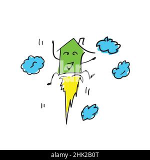 Vector illustration of cute house flying high like a rocket Stock Vector