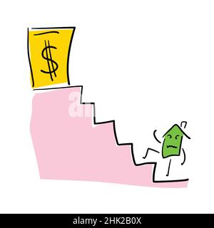 Vector illustration of cute house climbing stairs for dollar bill Stock Vector