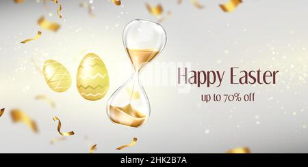 Happy Easter sale banner with gold eggs, sandglass and confetti on blurred background with golden glittering and sparkles. Holiday promotion, shopping discount offer, Realistic 3d vector illustration Stock Vector